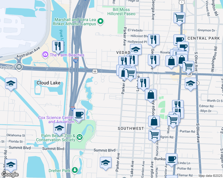 map of restaurants, bars, coffee shops, grocery stores, and more near 15 George Street in West Palm Beach