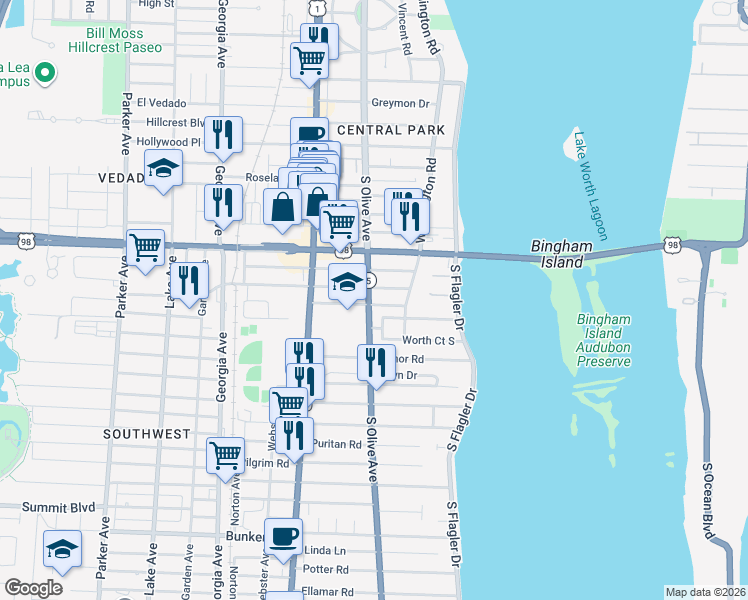 map of restaurants, bars, coffee shops, grocery stores, and more near 235 Nottingham Boulevard in West Palm Beach