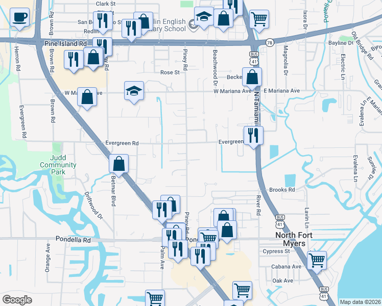 map of restaurants, bars, coffee shops, grocery stores, and more near 1423 Piney Road in North Fort Myers