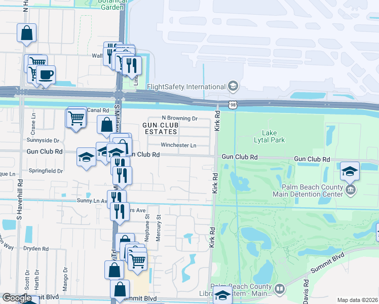 map of restaurants, bars, coffee shops, grocery stores, and more near 4121 Winchester Lane in West Palm Beach
