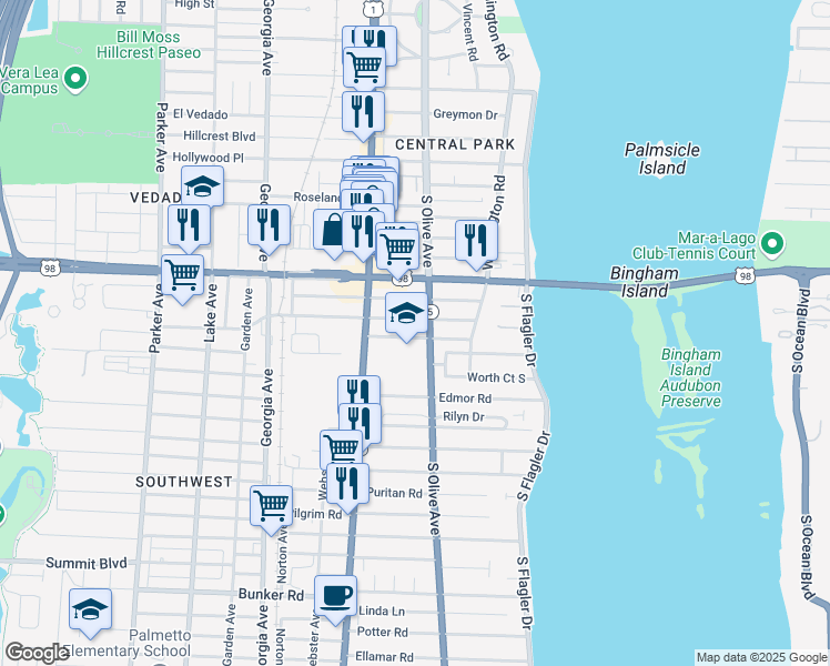 map of restaurants, bars, coffee shops, grocery stores, and more near 315 Pine Terrace in West Palm Beach