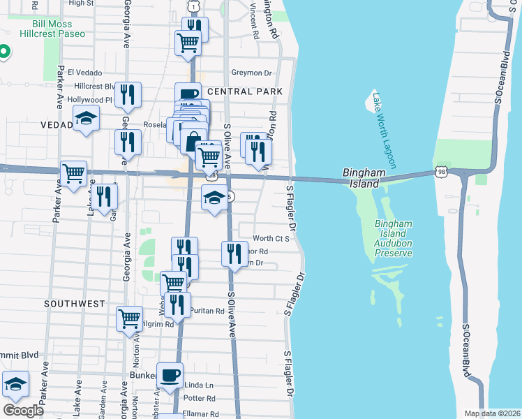 map of restaurants, bars, coffee shops, grocery stores, and more near 4105 Washington Road in West Palm Beach