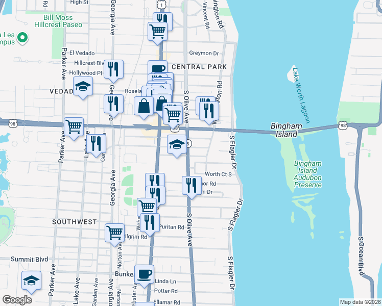 map of restaurants, bars, coffee shops, grocery stores, and more near 235 Nottingham Boulevard in West Palm Beach