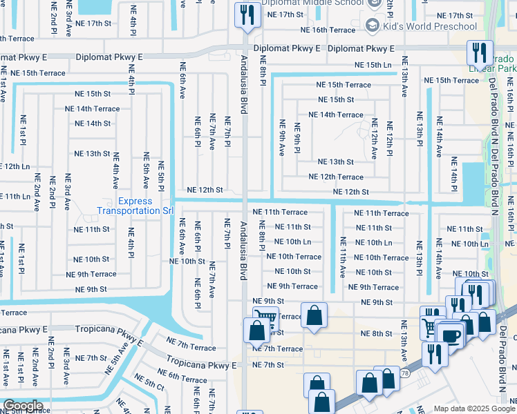 map of restaurants, bars, coffee shops, grocery stores, and more near 1130 Andalusia Boulevard in Cape Coral
