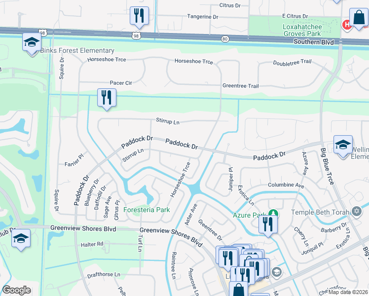 map of restaurants, bars, coffee shops, grocery stores, and more near 14278 Paddock Drive in Wellington