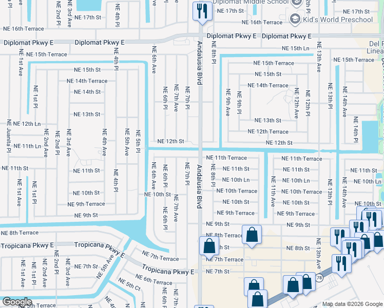map of restaurants, bars, coffee shops, grocery stores, and more near 710 Northeast 12th Street in Cape Coral