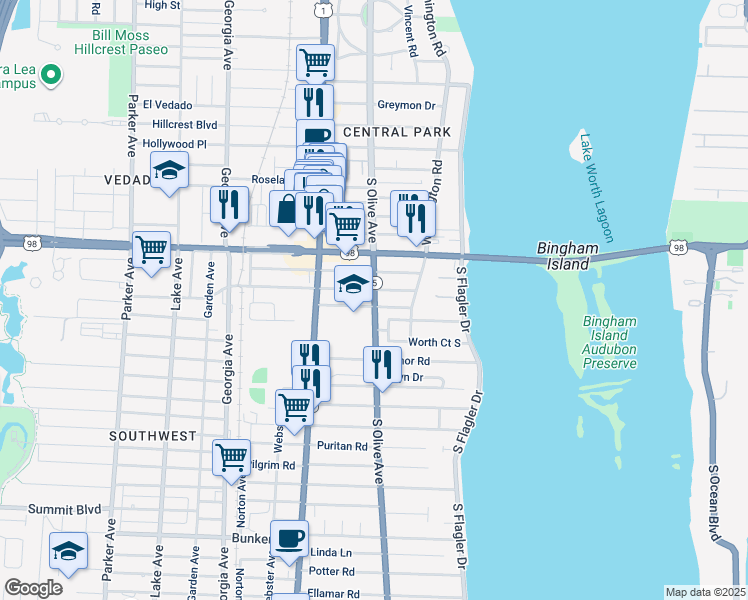 map of restaurants, bars, coffee shops, grocery stores, and more near 4211 South Olive Avenue in West Palm Beach