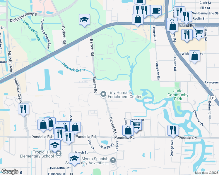 map of restaurants, bars, coffee shops, grocery stores, and more near 1314 Barrett Road in North Fort Myers
