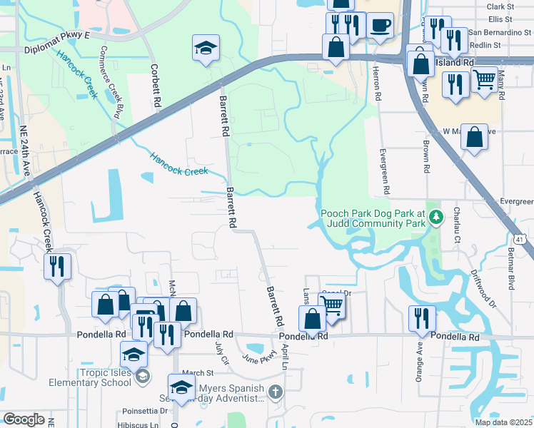 map of restaurants, bars, coffee shops, grocery stores, and more near 1314 Barrett Road in North Fort Myers