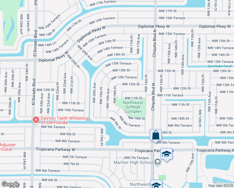 map of restaurants, bars, coffee shops, grocery stores, and more near 1130 Northwest 18th Place in Cape Coral