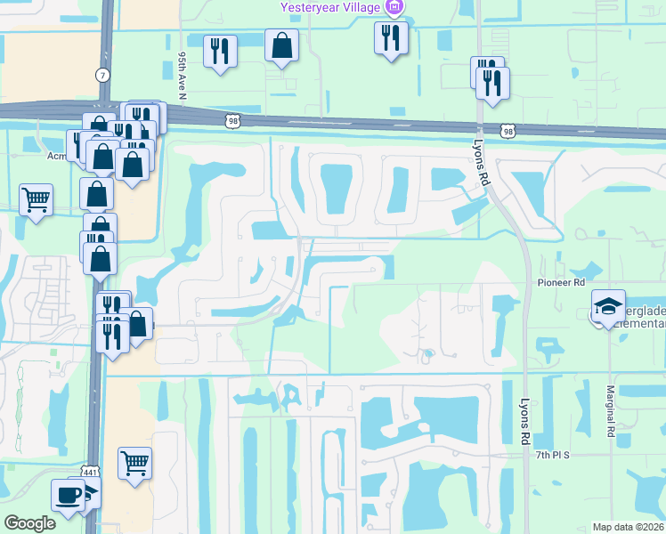 map of restaurants, bars, coffee shops, grocery stores, and more near 8695 Palm Beach Plantation Boulevard in Royal Palm Beach