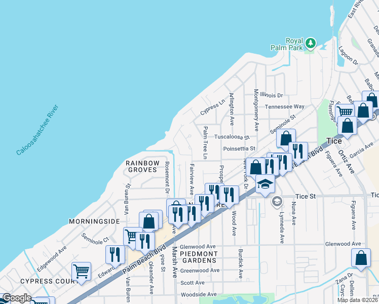 map of restaurants, bars, coffee shops, grocery stores, and more near 157 Riverview Road in Fort Myers