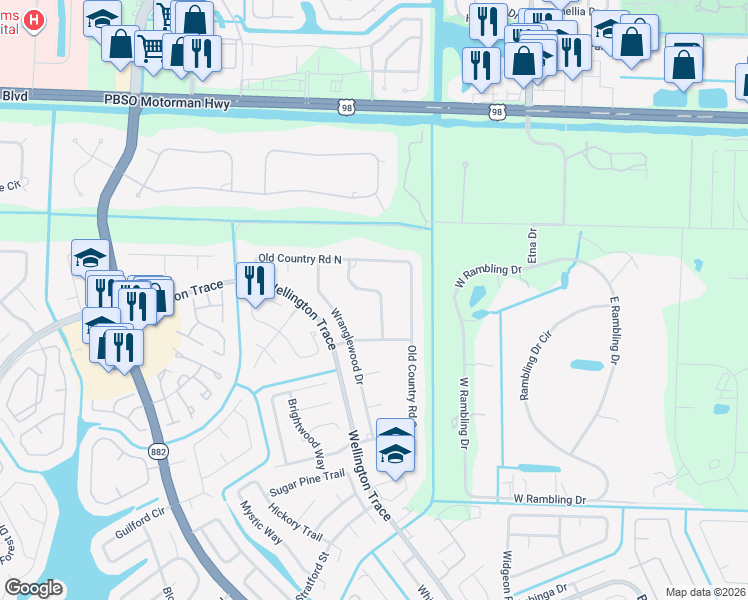 map of restaurants, bars, coffee shops, grocery stores, and more near 225 Sulky Way in Wellington