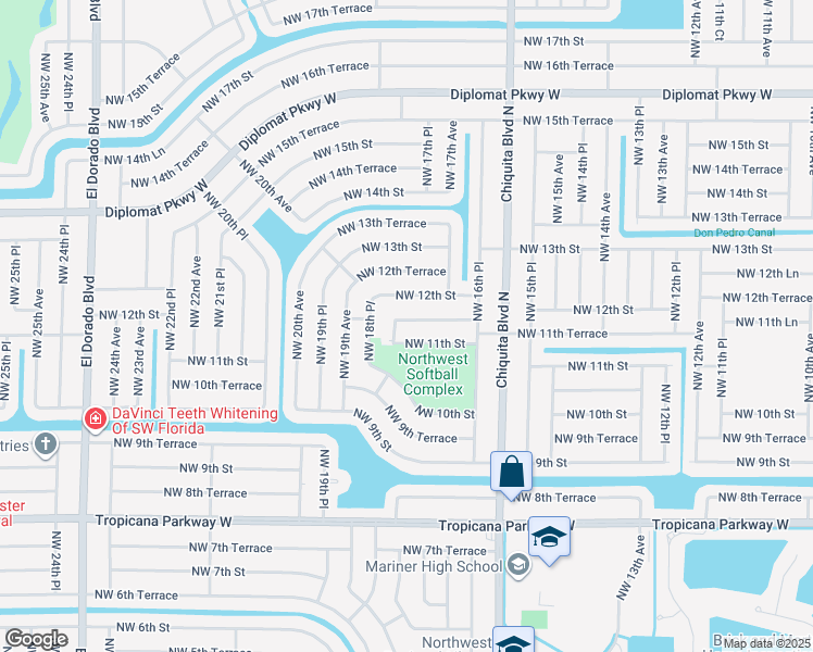 map of restaurants, bars, coffee shops, grocery stores, and more near 1724 Northwest 11th Terrace in Cape Coral