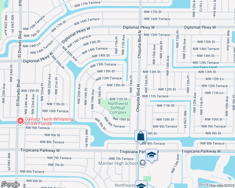 map of restaurants, bars, coffee shops, grocery stores, and more near 1703 Northwest 11th Terrace in Cape Coral