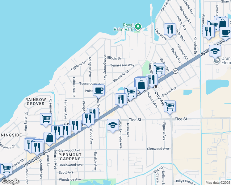 map of restaurants, bars, coffee shops, grocery stores, and more near 401 Baltimore Avenue in Fort Myers
