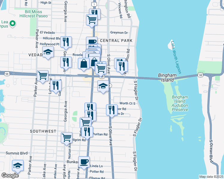 map of restaurants, bars, coffee shops, grocery stores, and more near 235 Nottingham Boulevard in West Palm Beach