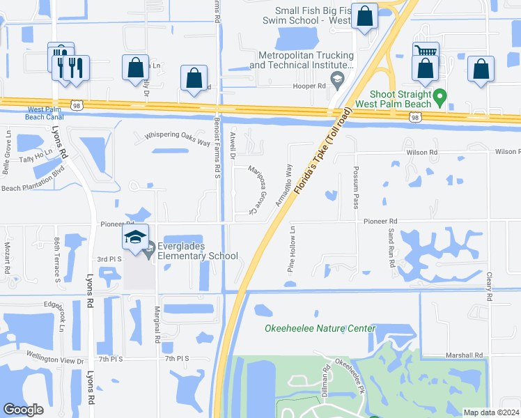 map of restaurants, bars, coffee shops, grocery stores, and more near 8067 Mariposa Grove Circle in West Palm Beach