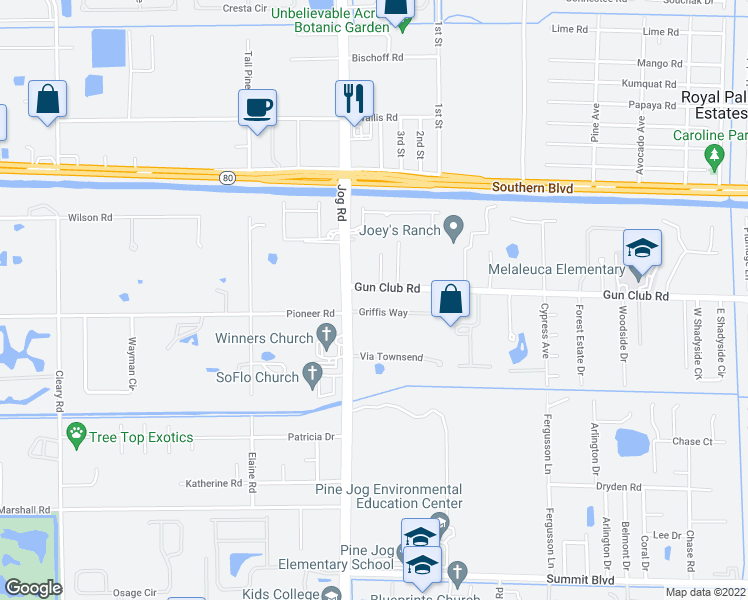 map of restaurants, bars, coffee shops, grocery stores, and more near 6418 Gun Club Road in West Palm Beach