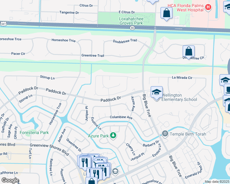 map of restaurants, bars, coffee shops, grocery stores, and more near 13892 Ishnala Circle in Wellington