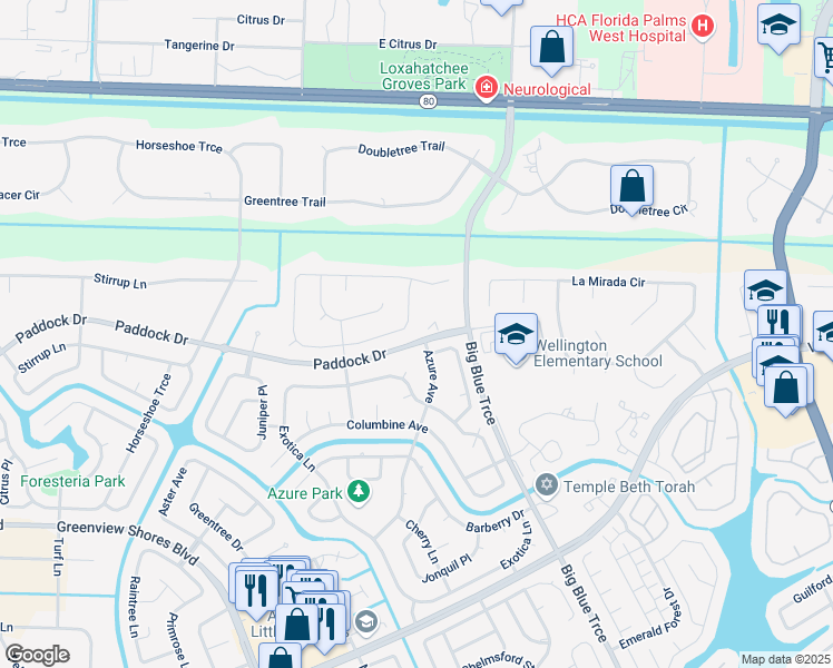 map of restaurants, bars, coffee shops, grocery stores, and more near 13645 Paddock Drive in Wellington