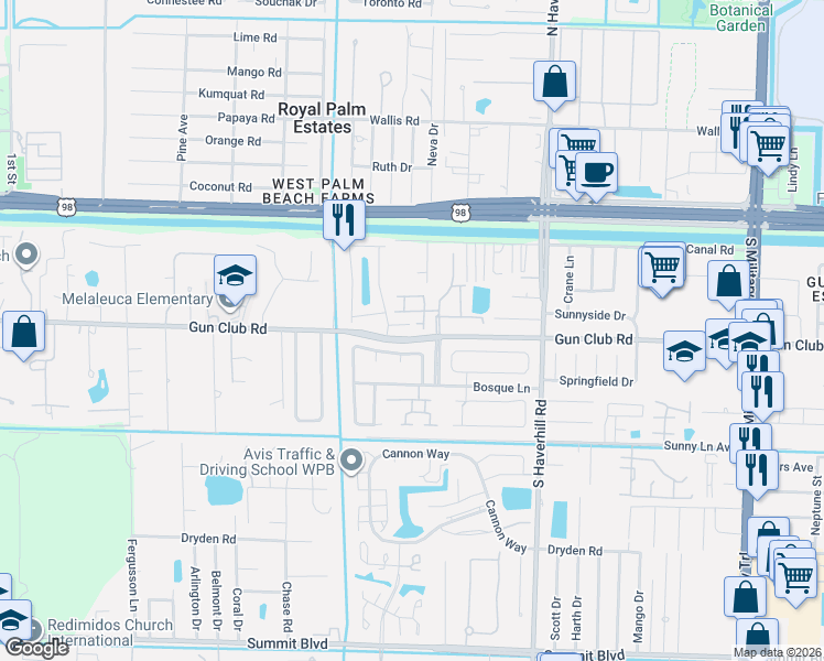 map of restaurants, bars, coffee shops, grocery stores, and more near 5324 Grey Fox Court in West Palm Beach