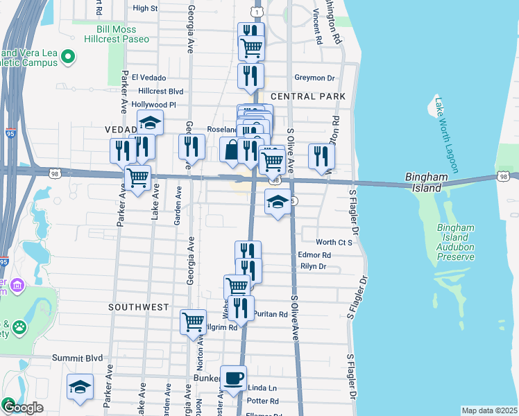 map of restaurants, bars, coffee shops, grocery stores, and more near 4115 South Dixie Highway in West Palm Beach