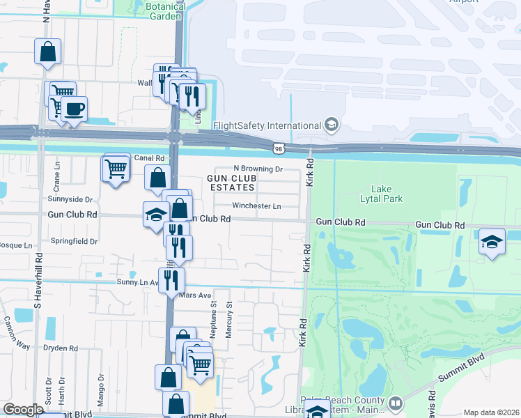 map of restaurants, bars, coffee shops, grocery stores, and more near 4219 Winchester Lane in West Palm Beach