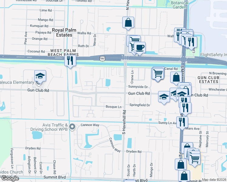 map of restaurants, bars, coffee shops, grocery stores, and more near 1241 Banyan Lane in West Palm Beach
