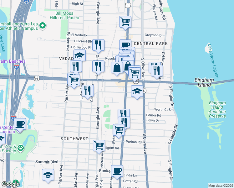 map of restaurants, bars, coffee shops, grocery stores, and more near 430 Nottingham Boulevard in West Palm Beach