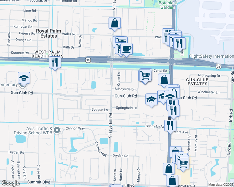 map of restaurants, bars, coffee shops, grocery stores, and more near 4938 Sunnyside Drive in West Palm Beach