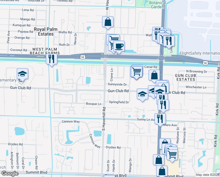 map of restaurants, bars, coffee shops, grocery stores, and more near 4938 Sunnyside Drive in West Palm Beach