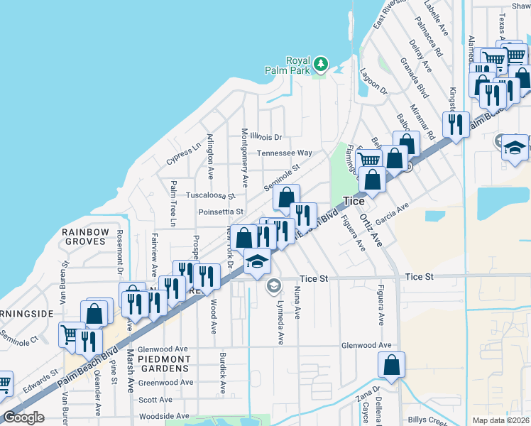 map of restaurants, bars, coffee shops, grocery stores, and more near 401 Baltimore Avenue in Fort Myers