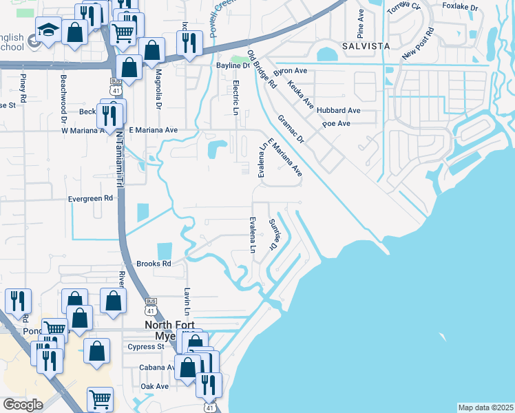 map of restaurants, bars, coffee shops, grocery stores, and more near 1398 Evalena Lane in North Fort Myers