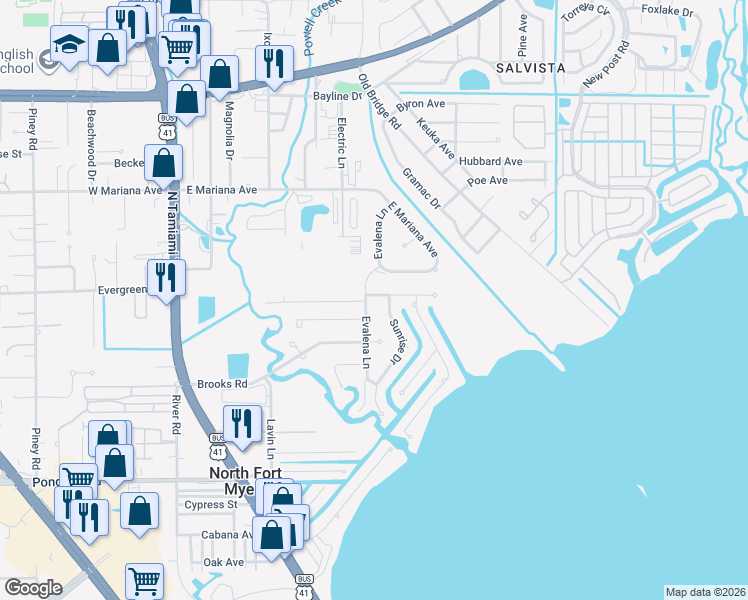 map of restaurants, bars, coffee shops, grocery stores, and more near 1398 Evalena Lane in North Fort Myers
