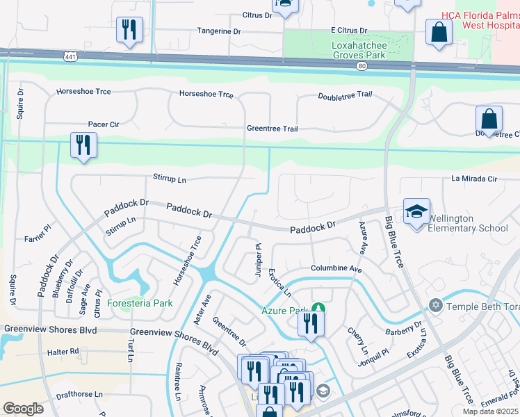 map of restaurants, bars, coffee shops, grocery stores, and more near 494 Pinto Circle in Wellington