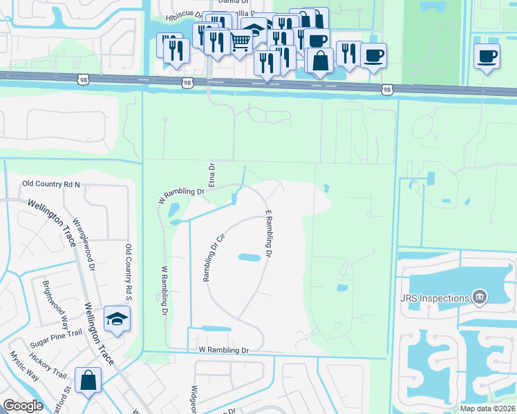 map of restaurants, bars, coffee shops, grocery stores, and more near 650 East Rambling Drive in Wellington