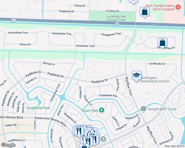 map of restaurants, bars, coffee shops, grocery stores, and more near 317 Knotty Wood Lane in Wellington