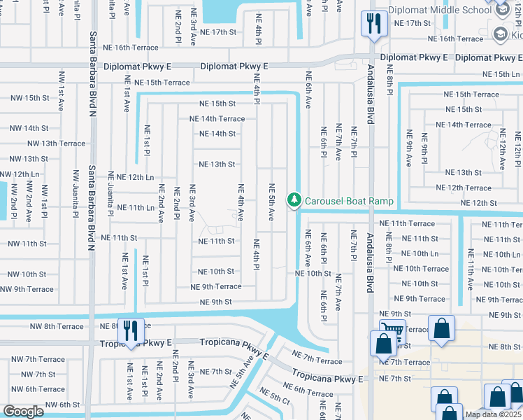 map of restaurants, bars, coffee shops, grocery stores, and more near 1133 Northeast 4th Place in Cape Coral