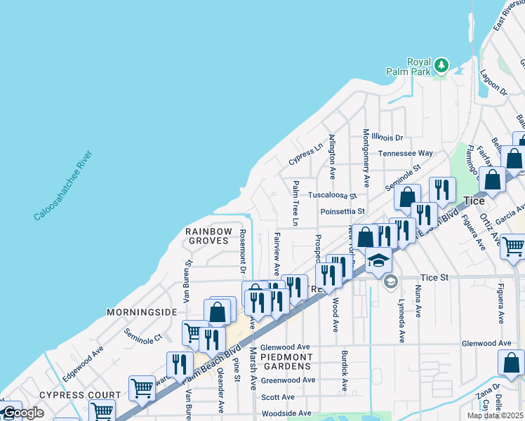 map of restaurants, bars, coffee shops, grocery stores, and more near 157 Riverview Road in Fort Myers