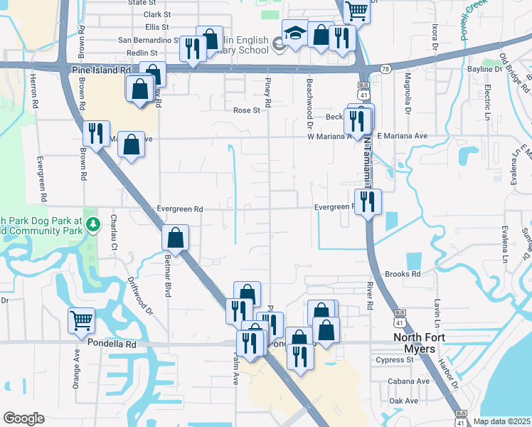 map of restaurants, bars, coffee shops, grocery stores, and more near 1423 Piney Road in North Fort Myers