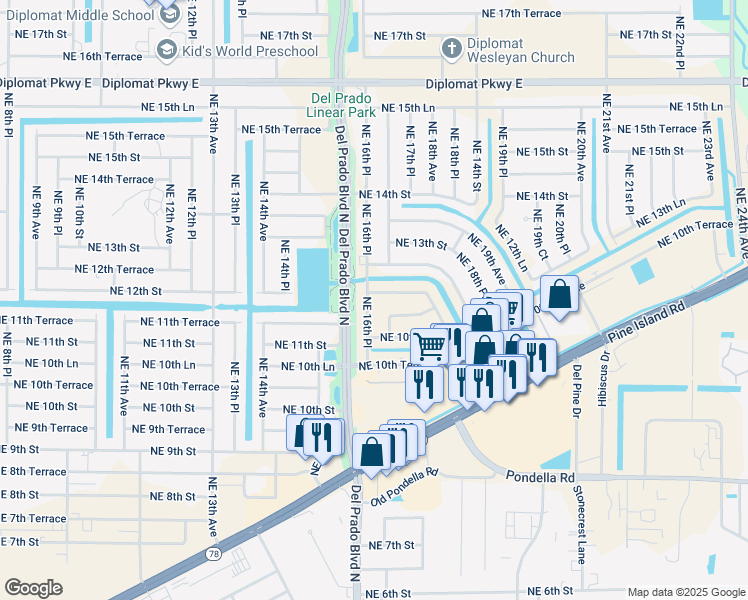 map of restaurants, bars, coffee shops, grocery stores, and more near 1109 Northeast 16th Place in Cape Coral