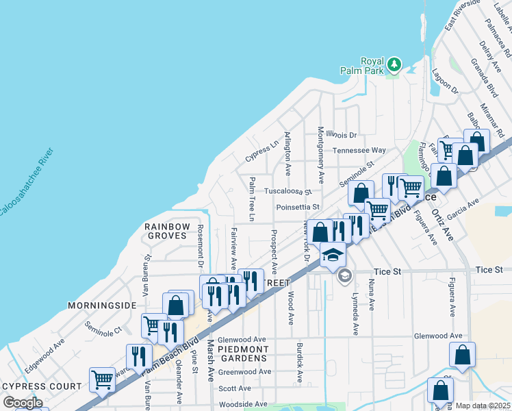 map of restaurants, bars, coffee shops, grocery stores, and more near 135 Palm Tree Lane in Fort Myers