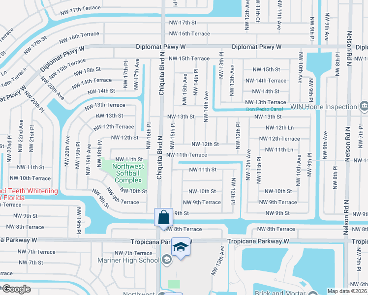 map of restaurants, bars, coffee shops, grocery stores, and more near 1426 Northwest 12th Street in Cape Coral