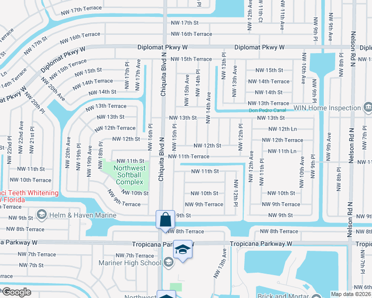 map of restaurants, bars, coffee shops, grocery stores, and more near 1502 Northwest 12th Street in Cape Coral