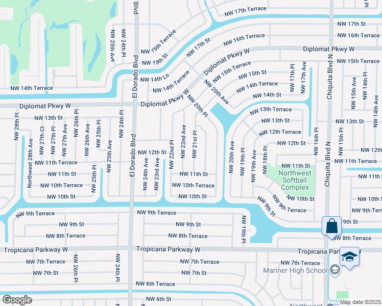 map of restaurants, bars, coffee shops, grocery stores, and more near 1124 Northwest 21st Place in Cape Coral