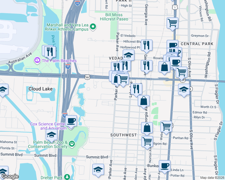 map of restaurants, bars, coffee shops, grocery stores, and more near 912 Alamanda Road in West Palm Beach