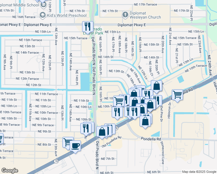 map of restaurants, bars, coffee shops, grocery stores, and more near 1700 Northeast 12th Street in Cape Coral