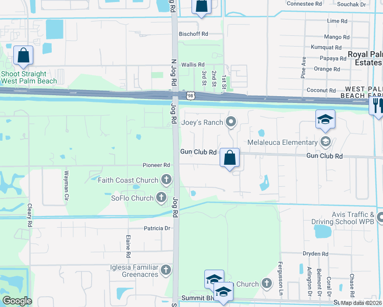 map of restaurants, bars, coffee shops, grocery stores, and more near 6418 Gun Club Road in West Palm Beach