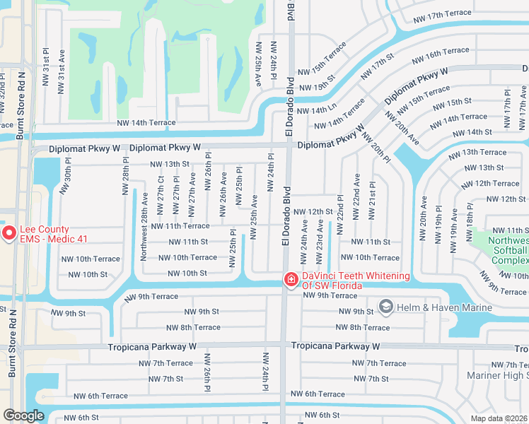 map of restaurants, bars, coffee shops, grocery stores, and more near 1122 Northwest 24th Place in Cape Coral